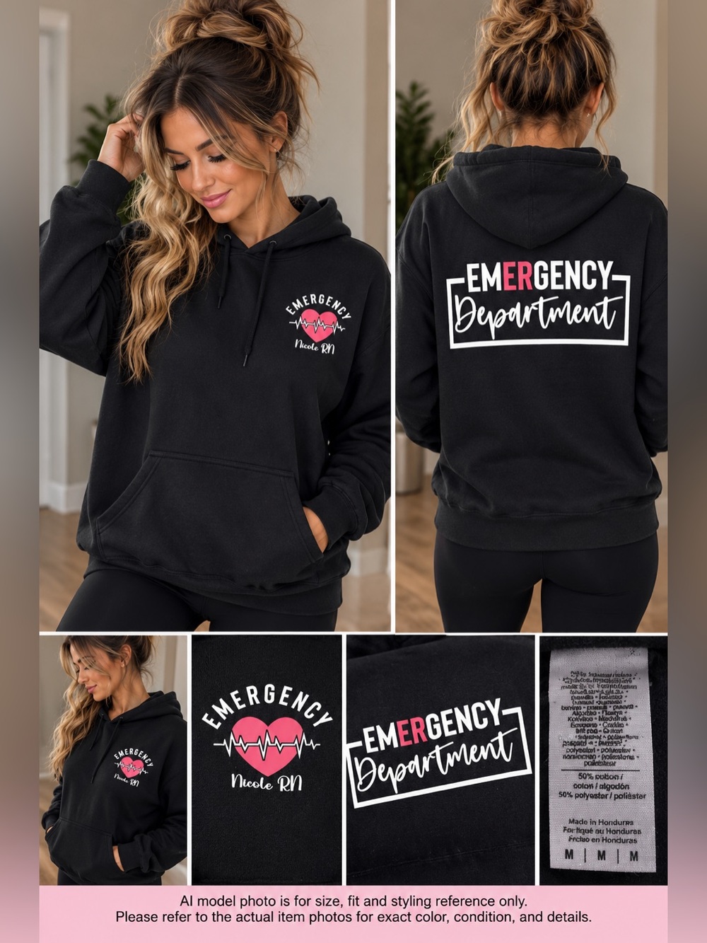 Emergency Department RN Black Hoodie – Size Medium – Personalized “Nicole RN”